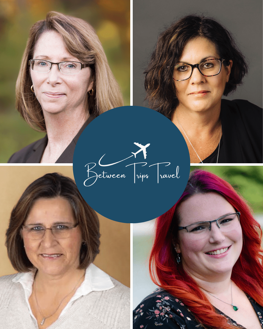 Photo collage of Between Trips Travel team members Karen Sheldon, Jodi Howe, Britta Roper, and Liz McMullan with company logo