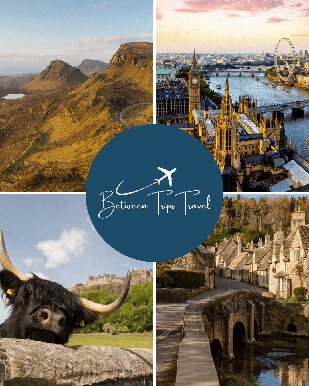 Collage of four UK destinations: dramatic cliffs of Quiraing on Isle of Skye, aerial view of London cityscape, Highland cow in front of Stirling Castle, and honey-stone cottages in Castle Combe village, Cotswolds