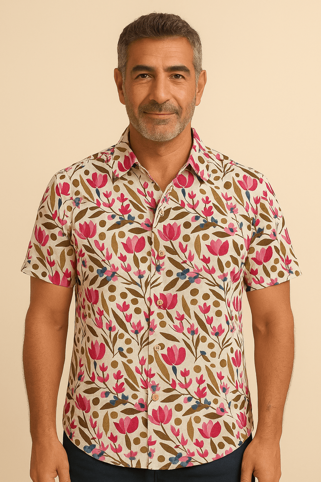 Cotton summer shirt in exciting prints, comes with a pocket in front and wooden buttons for closure