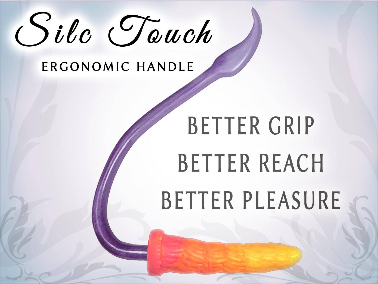 A purple J shaped handle with a pink and yellow adult toy. Silc Touch - Ergonomic handle. Better grip, better control, better pleasure.