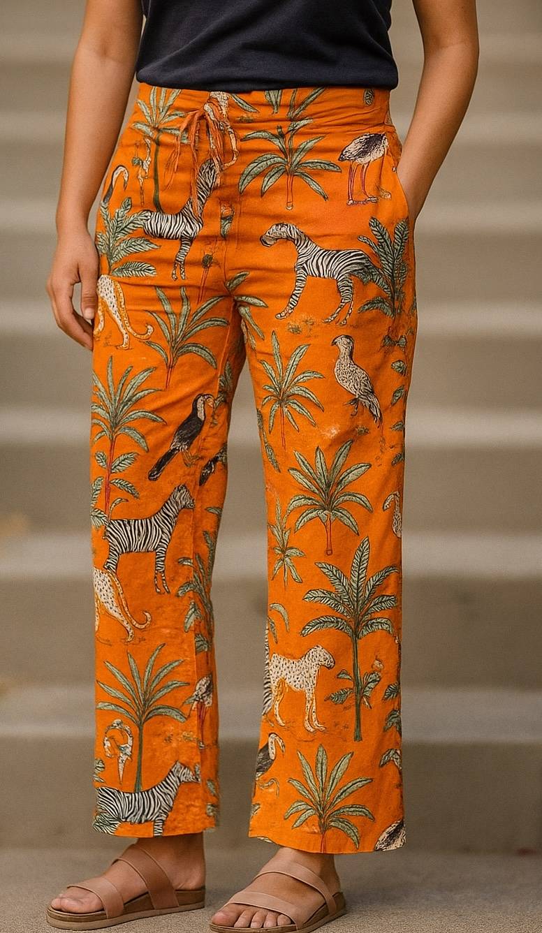 100% cotton lounge pant, flat top with drawstrings, 2 pockets either side, elastic on back.