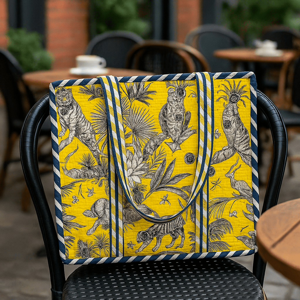 quilted cotton tote bag, reversible, machine washable, comes with a pocket inside