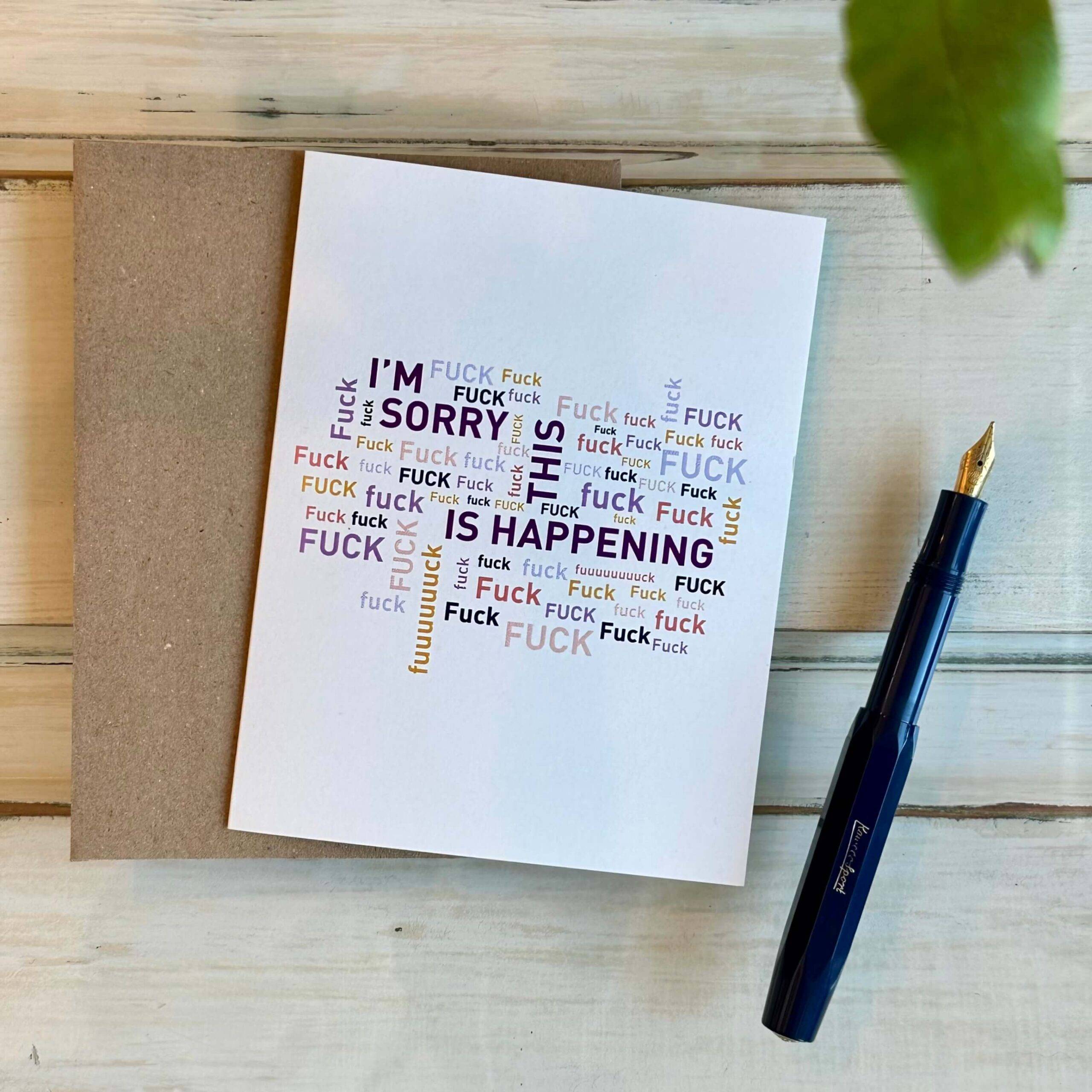 Greeting card with white background and a word cloud of the word 