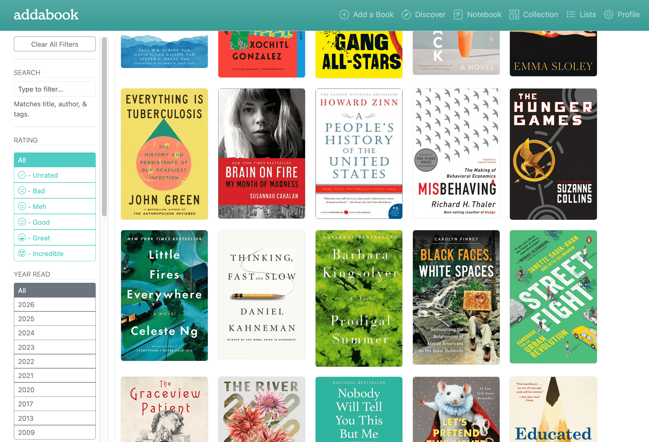 A collection of book covers with search box and filters on the left side.