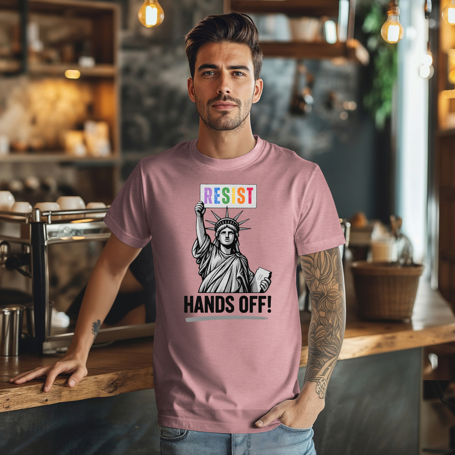Man in cafe wearing mauve T-shirt with Statue of Liberty graphic and words “RESIST HANDS OFF,” standing by coffee counter.